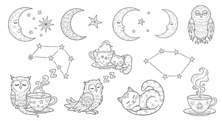 Set of hand drawn whimsical illustrations of celestial bodies and sleepy creatures. Doodle drawings of crescent moons, stars, owls, dreaming cats, and teacups steaming constellations. 