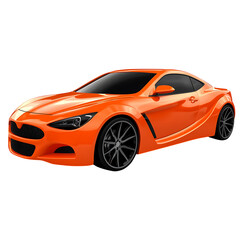 Sports coupe in vibrant orange, 3D render on transparent PNG.