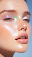 Close-up of shimmering iridescent makeup on freckled skin highlighting natural beauty