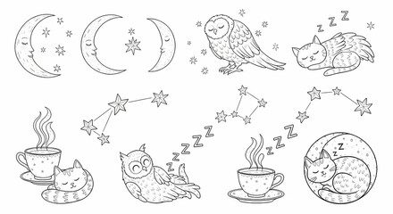 Set of hand drawn whimsical illustrations of celestial bodies and sleepy creatures. Doodle drawings of crescent moons, stars, owls, dreaming cats, and teacups steaming constellations. 