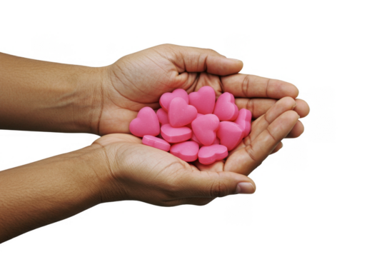 Isolated Background Two Hands Holding Many Pink Heart Shaped Candies