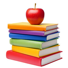 Stack of colorful books with apple on top, isolated PNG.
