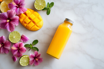 Overhead composition of kombucha bottle with tropical fruit slices on stone surface