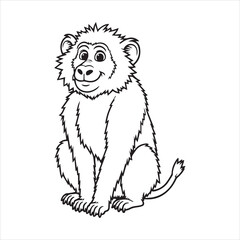 Cute Cartoon Monkey Outline Vector,Happy Monkey Coloring Page Illustration, Smiling Monkey Black and White Drawing, Vector Outline of Cheerful Monkey, Cartoon Monkey Line Art for Kids