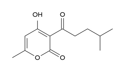 pogostone molecule, structural chemical formula, ball-and-stick model, isolated image antifungal