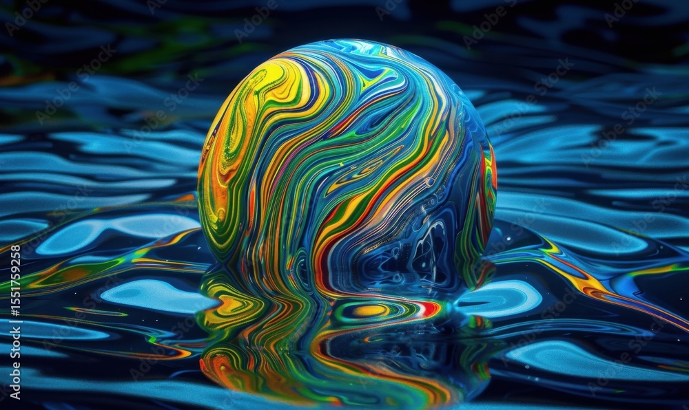Poster abstract spherical shape with swirling colors and fluid reflection