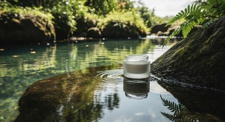 Naklejka premium Skincare cream jar on mossy rock in natural river setting