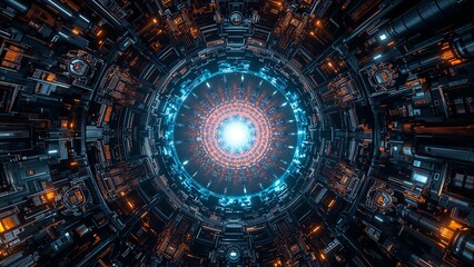 Fototapeta premium Ultra high-resolution digital illustration of the inside of a futuristic fusion reactor, glowing plasma contained by magnetic fields