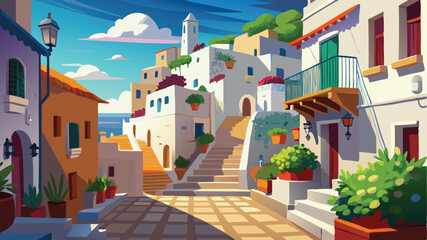 Narrow old town street in Venice Italy with white buildings and balconies under clear sky