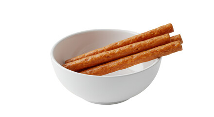 Isolated Breadsticks with Sesame Seeds in White Bowl Transparent