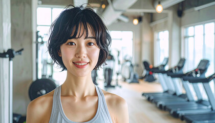 Fototapeta premium モダンなフィットネスジムで笑顔を見せる日本人女性インストラクター – Smiling Japanese Female Fitness Instructor in a Modern Gym Setting