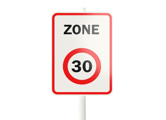 Zone 30, panneau routier Français pour indiquer une zone limitée à 30 km/h - rendu 3D sur fond transparent