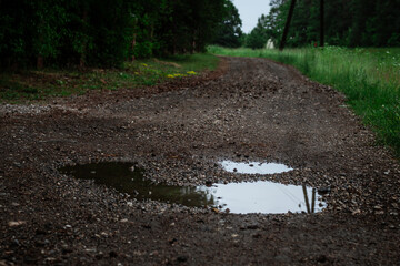 Close-up of a gravel road with puddles reflecting the sky and nearby poles, bordered by grass and...