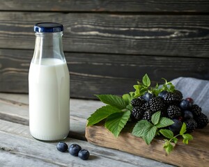 Fresh milk in a glass bottle with blackberries and blueberries on wooden surface
