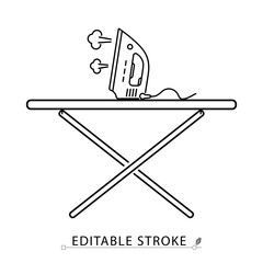 An ironing board with iron icon in minimalist style with editable stroke. Household equipment, steam ironing, laundry item, clothing care, home appliance, outline object, vector line illustration.