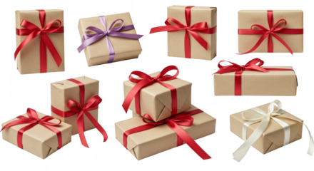 Isolated Brown Paper Gift Boxes with Colorful Ribbon Bows Presents PNG