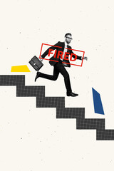 Exclusive image vertical photo collage of serious businessman run ladder fired icon employee lay...