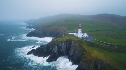 Coastal lighthouse on a foggy day