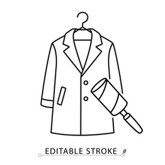 A coat on hanger with lint roller icon in minimalist style with editable stroke. Garment care, clothing cleaning, wardrobe object, household tool, fashion item, outline drawing