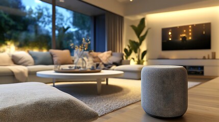 Smart Home Evening Ambiance: Modern Living Room with Smart Speaker