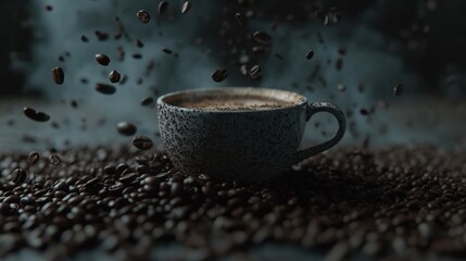 Coffee cup surrounded by coffee beans