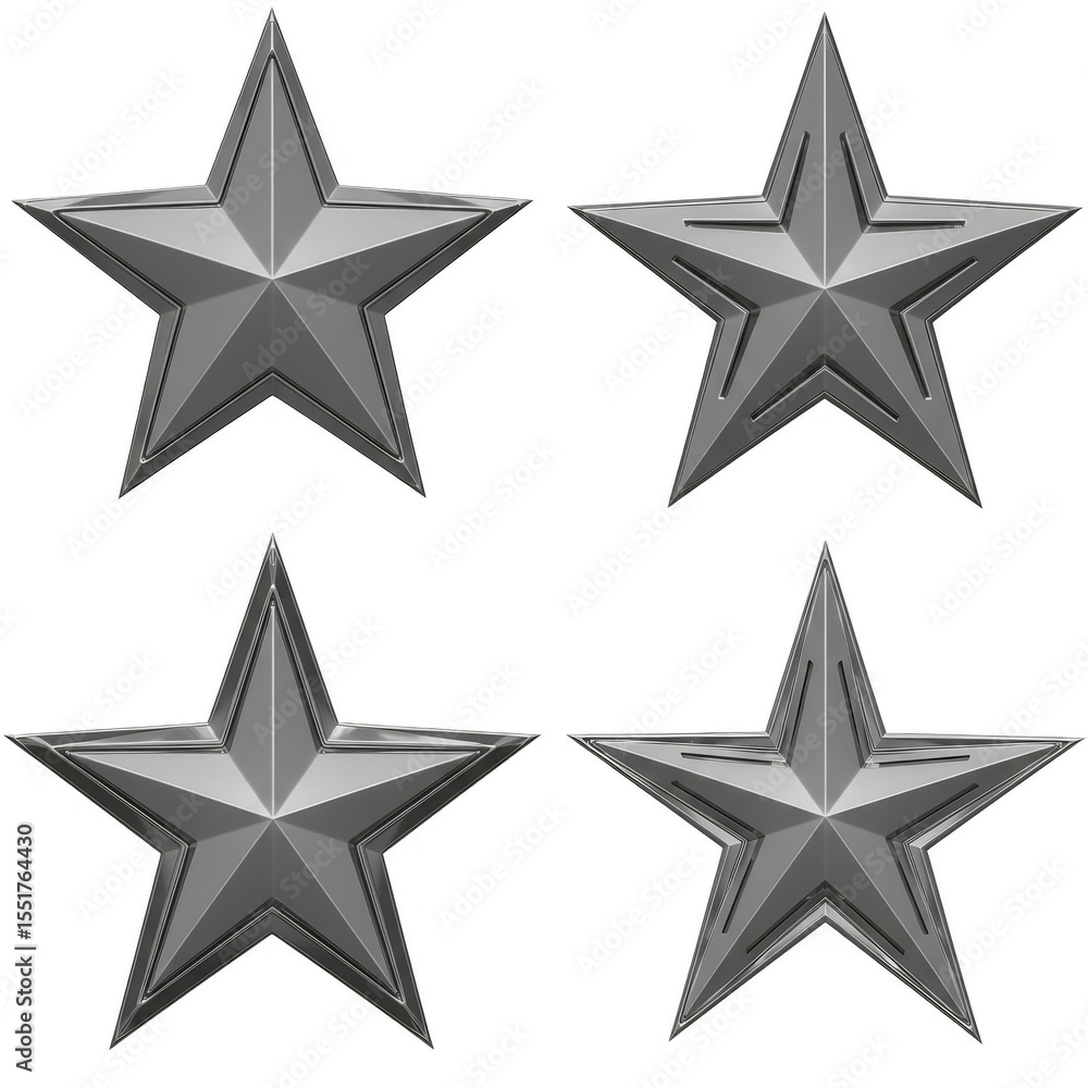 Poster isolated four silver metallic stars 3d rendering on transparent background
