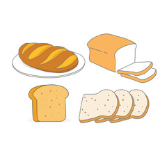 Vector illustration of sliced bread, white bread, and loaf – hand-drawn bread collection perfect for bakery menu, breakfast food design, packaging, or educational content for kids
