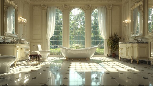 Luxurious, sunlit, light-filled bathroom with antique-style furnishings and a grand window view - Powered by Adobe
