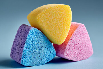Assorted Cosmetic Sponges in Triangular Shapes – Minimalist Blue Background for Skincare or Makeup Branding