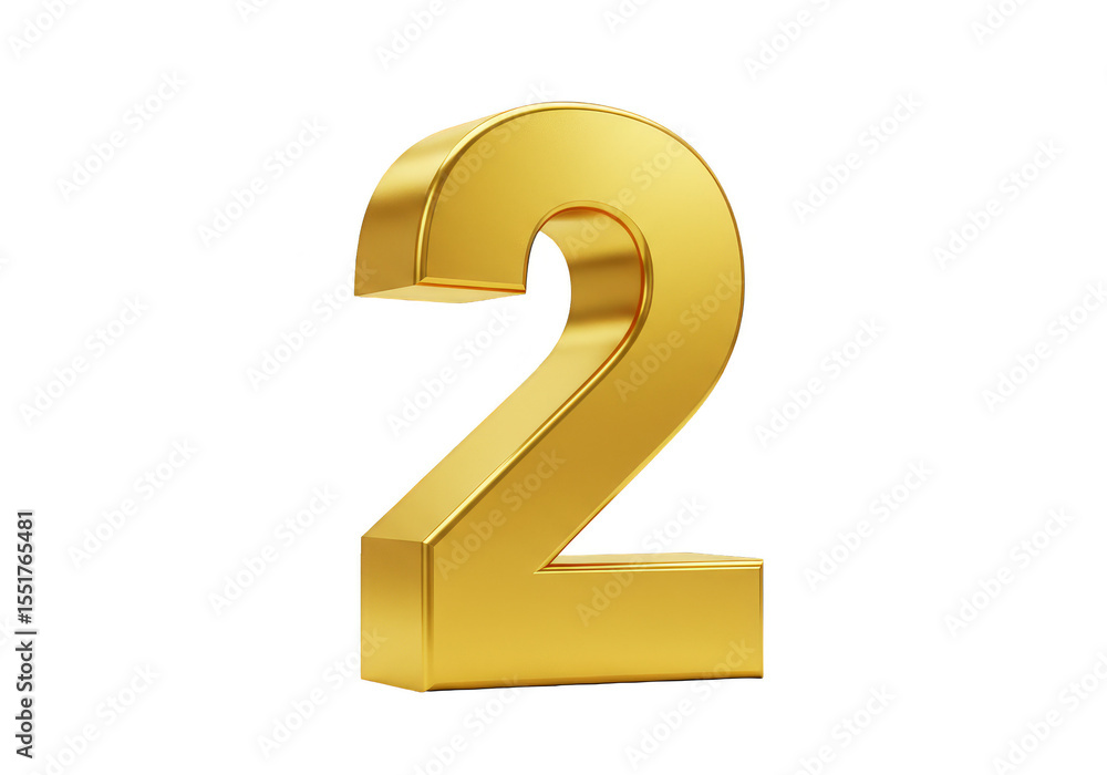 Poster isolated golden number two shiny metallic 3d rendering on transparent background