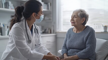 Caring doctor wearing a medical mask talking with senior woman patient