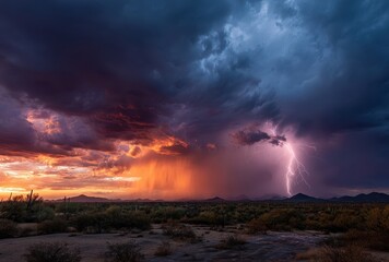 Obraz premium Dramatic Desert Lightning Storm with Colorful Sunset and Dark Storm Clouds Above Saguaro Cacti Landscape in Arizona
