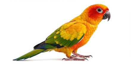 Sun conure parrot on a white background. Exotic tropical bird isolated. Wildlife pet for animal theme.