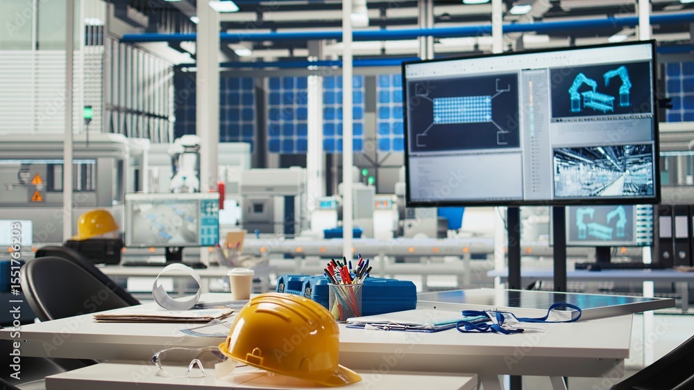 Poster display in empty photovoltaics factory monitoring system performance. monitor in sustainable solar p