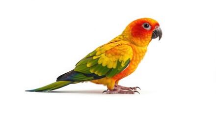 Obraz premium Bright sun conure parrot bird isolated on white background. Tropical avian animal for pet and nature concept.
