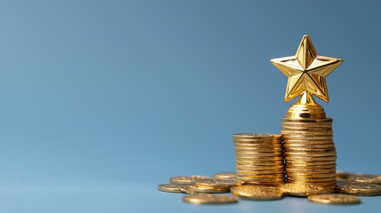 Golden Star Trophy with Stacked Gold Coins on Blue Background, Financial Success and Achievement Concept, Business Excellence Award and Wealth Visualization, Investment and Profit Metaphor
