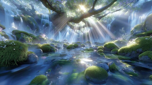 In a lush rainforest, sunlight illuminates the serene and vibrant green environment, creating a perfect setting for eco-friendly ideas and themes