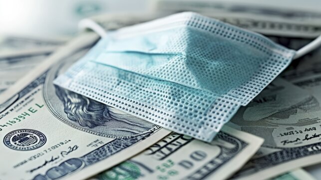 Close up of money with a face mask depicting financial concerns about Covid - Powered by Adobe