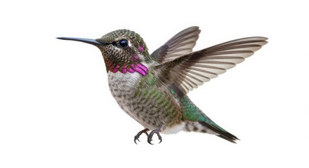 Obraz premium Small hummingbird with green and pink feathers in flight against a plain clean white background for nature and animal concepts.