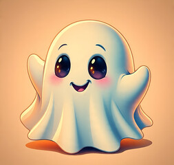A cute white ghost character is isolated on an orange background, giving a fun and friendly Halloween vibe.