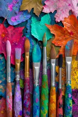 Vibrant textured canvas background featuring colorful autumn leaves and paintbrushes
