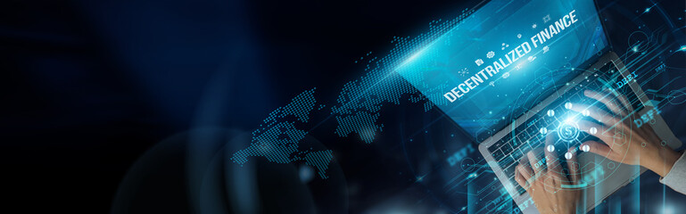 A businessman can use a laptop and Decentralized Finance (DeFi) to engage in peer-to-peer financial...