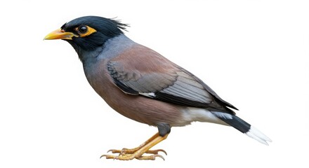 Myna bird, also known as starling, standing in profile on a white background. Isolated animal concept for ornithology.