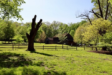 The barnyard in the country on a sunny day.