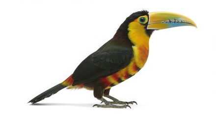 An exotic toucan bird with a colorful beak and plumage standing isolated on a white background, representing tropical wildlife.