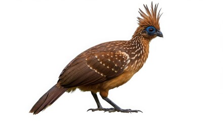 Hoatzin bird, also known as the stink bird, isolated on white background. Exotic tropical animal for wildlife education and nature study.