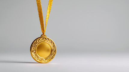 Gold Medal on White Background, Achievement Award with Golden Ribbon, Victory and Success Symbol, Championship Recognition, Minimalist Competition Prize