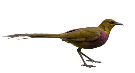 Green bird with a long tail and purple chest on a white background. Wildlife portrait or nature concept.
