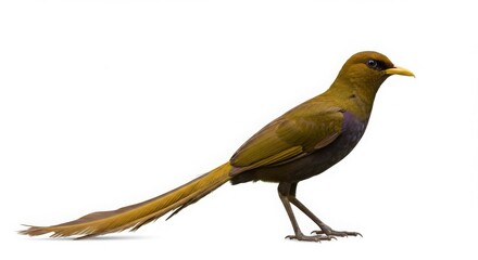 A bird with long feathers and brown plumage is standing on a white background. Fauna and nature concept image for animal education.