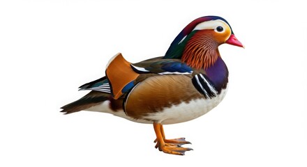 Colorful mandarin duck bird isolated on a white background, representing the beauty of wild waterfowl and vibrant wildlife.